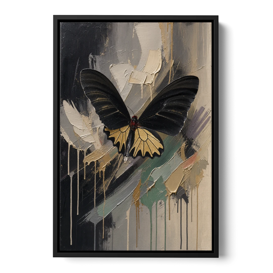 Gold Butterfly Wall Art of a Birdwing on Charcoal - Black Framed Canvas Wall Art - Front