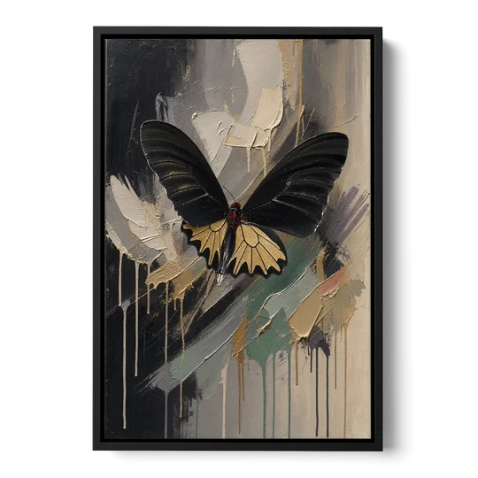 Gold Butterfly Wall Art of a Birdwing on Charcoal - Black Framed Canvas Wall Art - Front