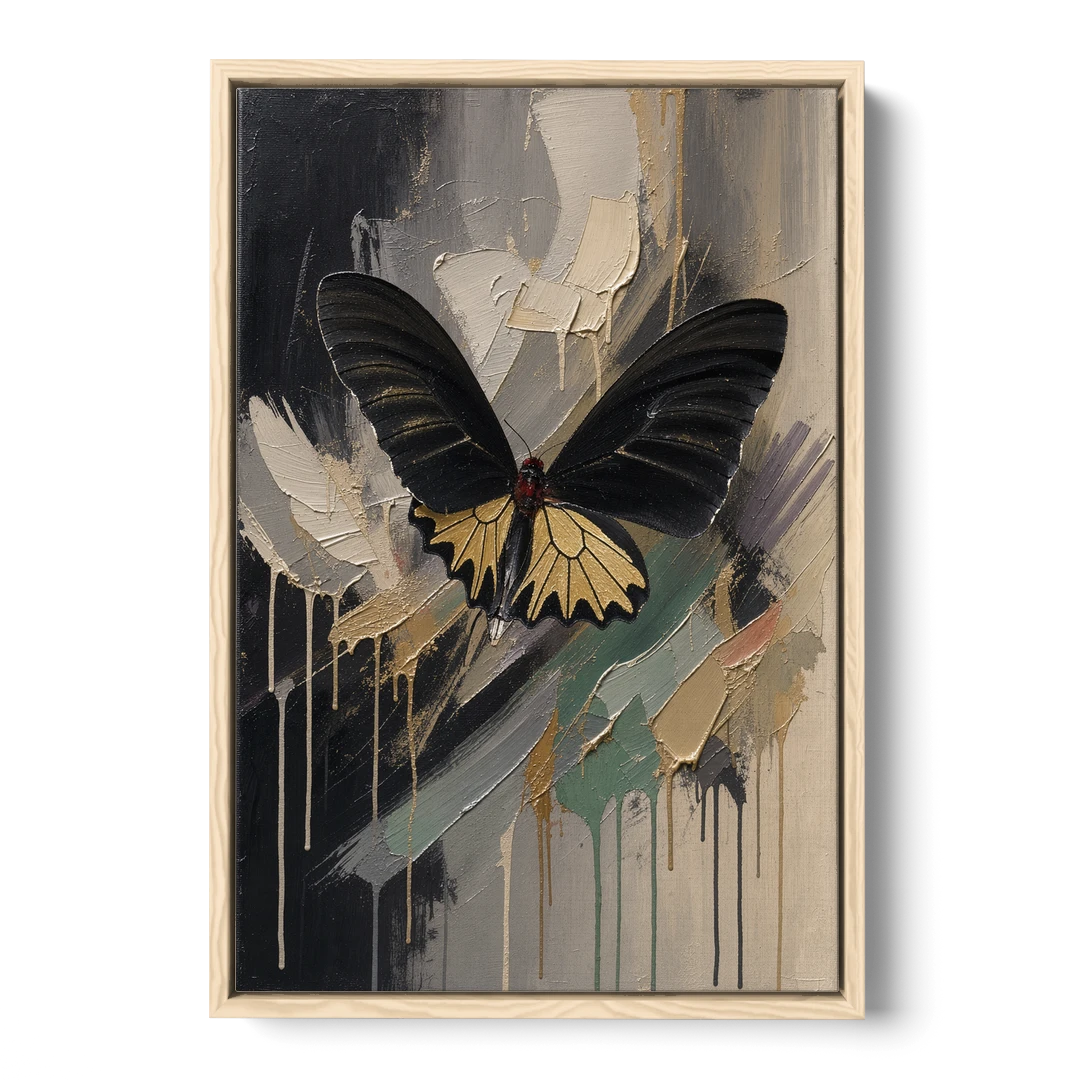 Gold Butterfly Wall Art of a Birdwing on Charcoal - Oak Framed Canvas Wall Art - Front
