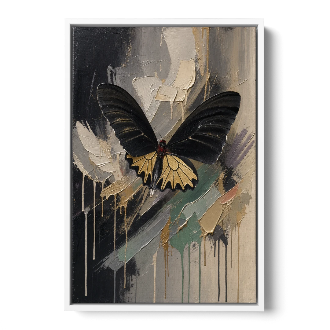 Gold Butterfly Wall Art of a Birdwing on Charcoal - White Framed Canvas Wall Art - Front