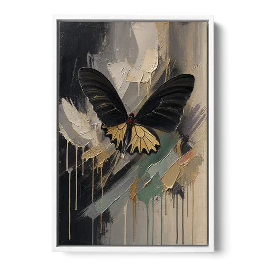 Gold Butterfly Wall Art of a Birdwing on Charcoal - White Framed Canvas Wall Art - Front