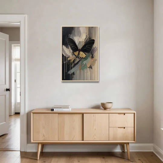 Gold Butterfly Wall Art of a Birdwing on Charcoal - Oak Framed Canvas Wall Art - Coffee Table - 24x36
