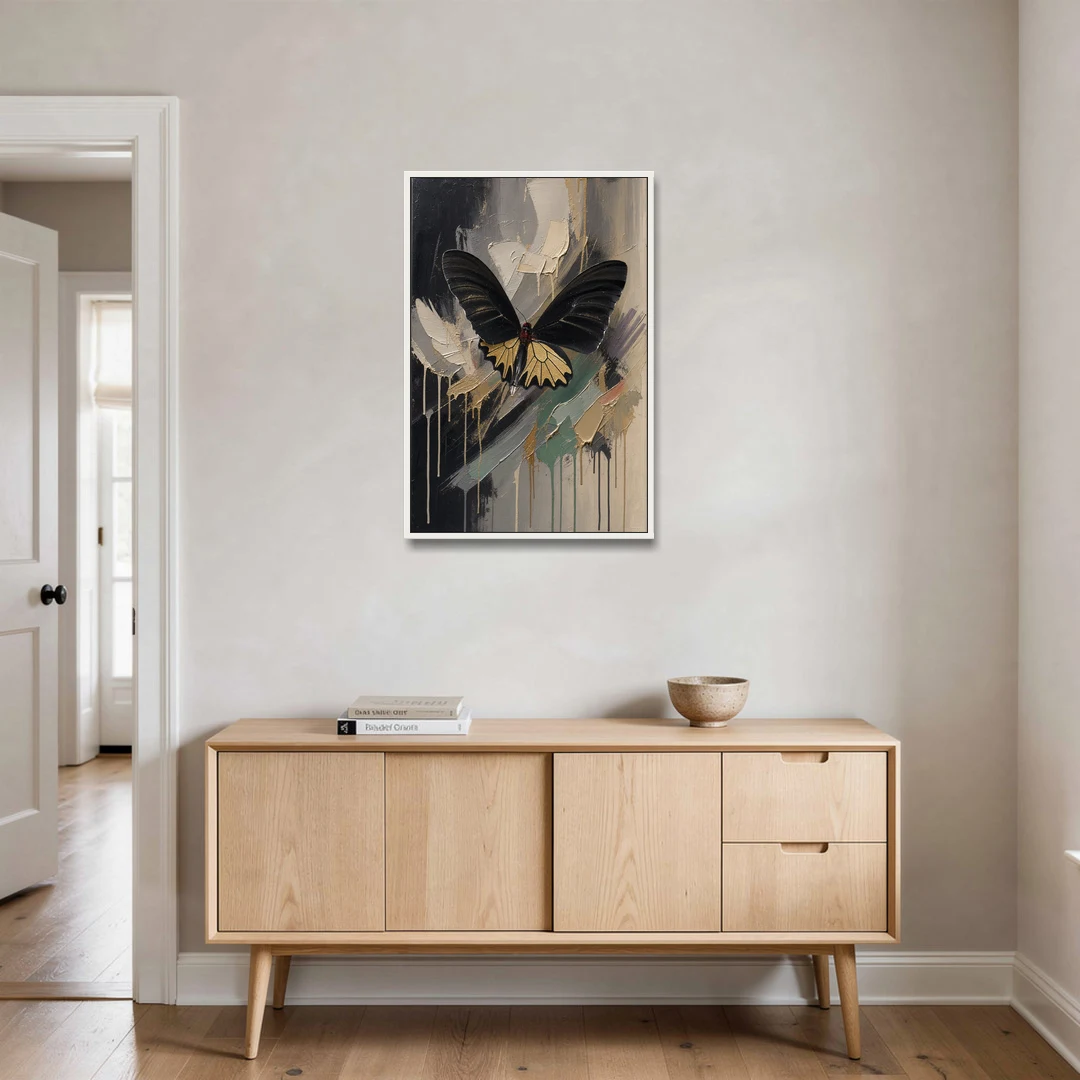 Gold Butterfly Wall Art of a Birdwing on Charcoal - White Framed Canvas Wall Art - Coffee Table - 24x36