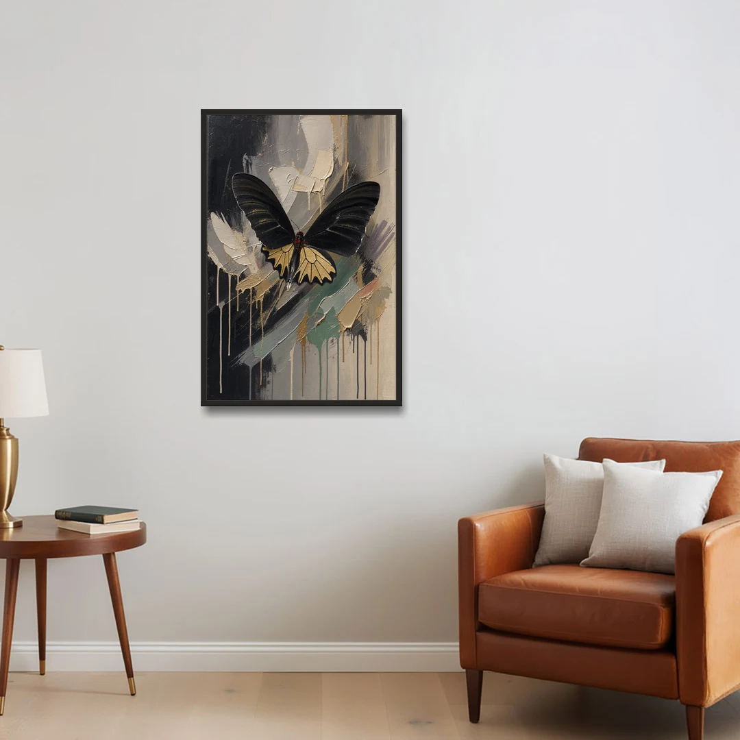 Gold Butterfly Wall Art of a Birdwing on Charcoal - Black Framed Canvas Wall Art - Sofa - 24x36
