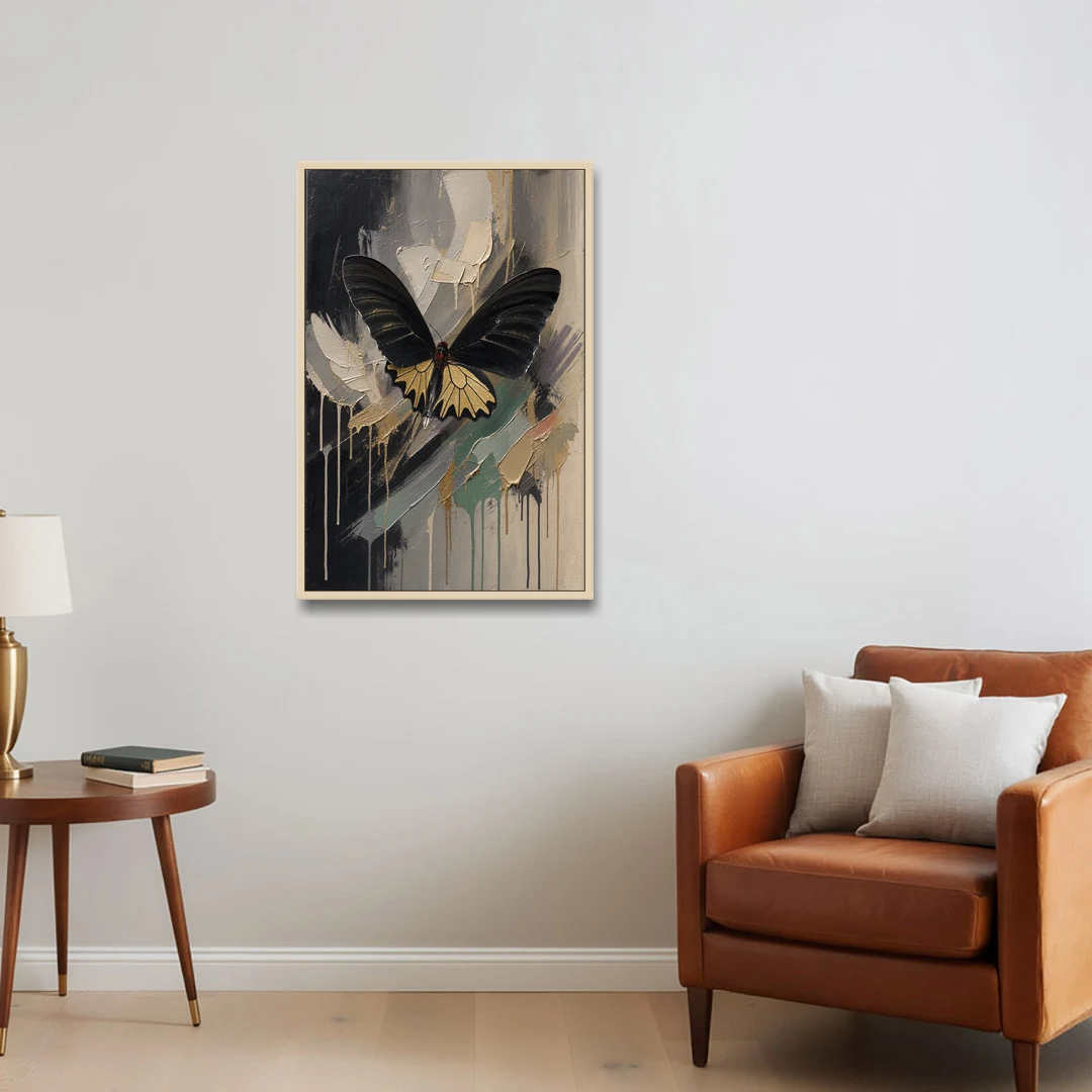 Gold Butterfly Wall Art of a Birdwing on Charcoal - Oak Framed Canvas Wall Art - Sofa - 24x36