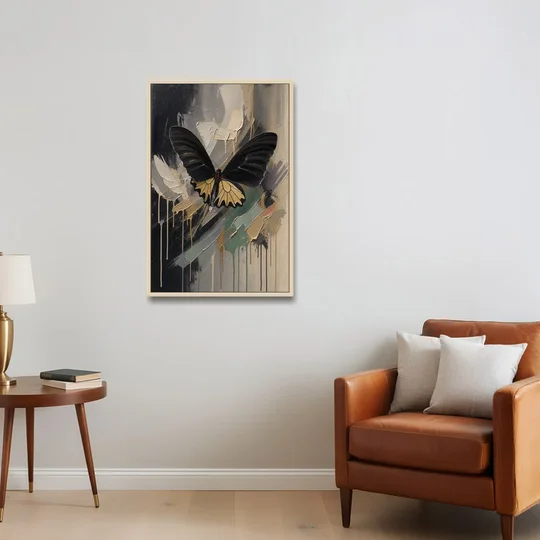 Gold Butterfly Wall Art of a Birdwing on Charcoal - Oak Framed Canvas Wall Art - Sofa - 24x36
