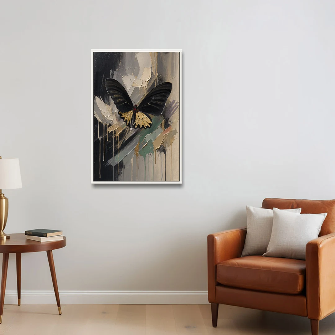 Gold Butterfly Wall Art of a Birdwing on Charcoal - White Framed Canvas Wall Art - Sofa - 24x36
