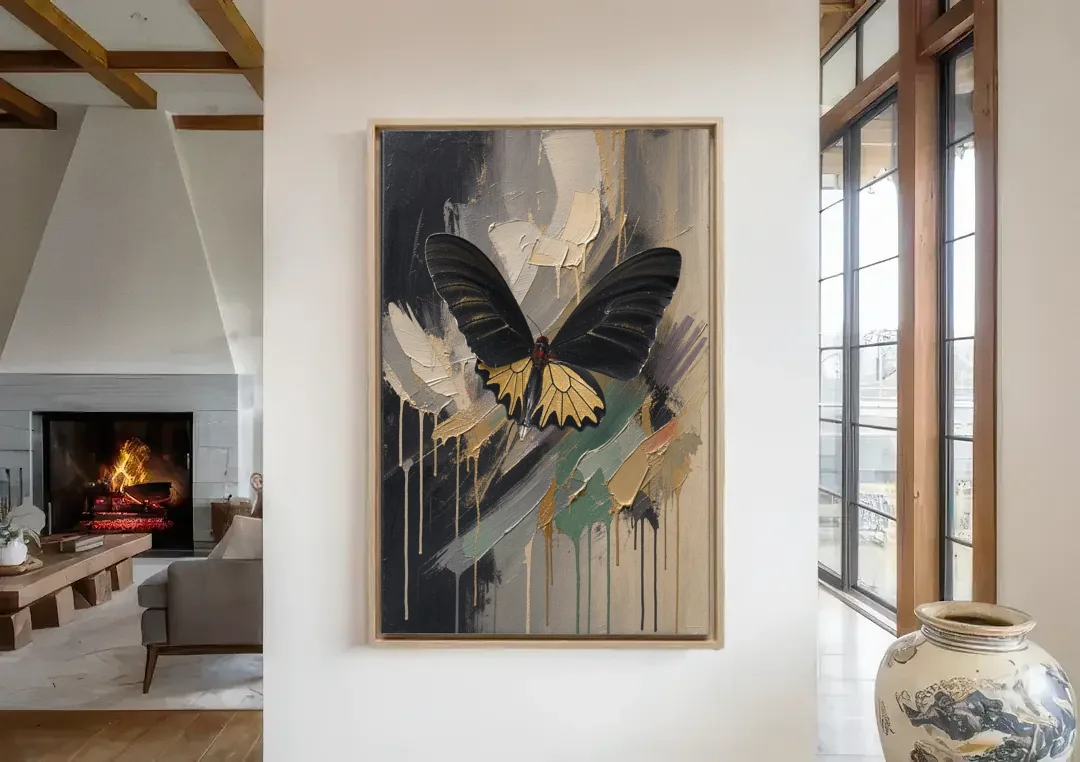 Gold Butterfly Wall Art of a Birdwing on Charcoal canvas wall art in a living room with a fireplace