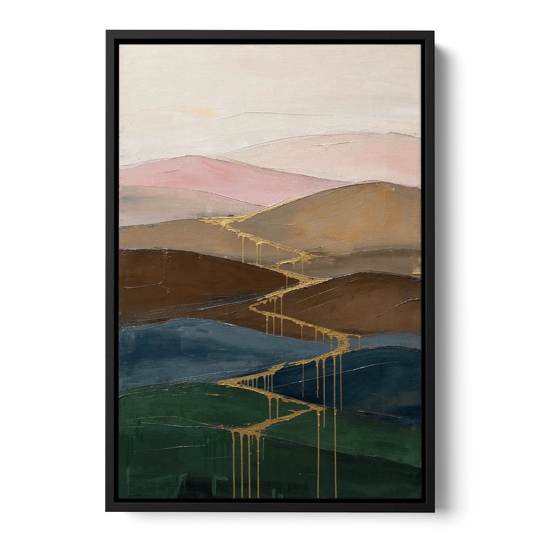 Gold Drip Stream Through Layered Hills - Black Framed Canvas Wall Art - Front