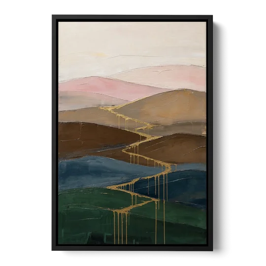Gold Drip Stream Through Layered Hills - Black Framed Canvas Wall Art - Front