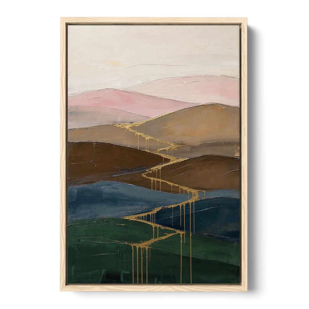 Gold Drip Stream Through Layered Hills - Oak Framed Canvas Wall Art - Front