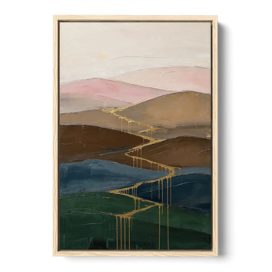 Gold Drip Stream Through Layered Hills - Oak Framed Canvas Wall Art - Front