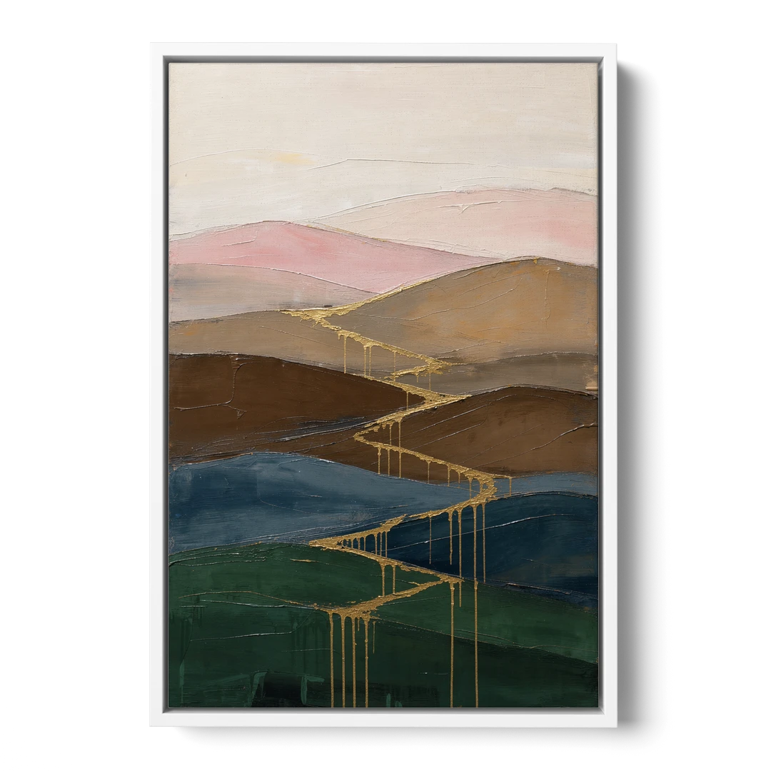 Gold Drip Stream Through Layered Hills - White Framed Canvas Wall Art - Front
