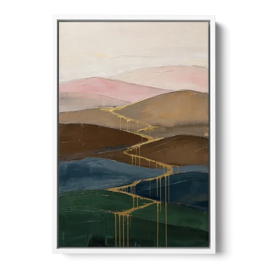 Gold Drip Stream Through Layered Hills - White Framed Canvas Wall Art - Front