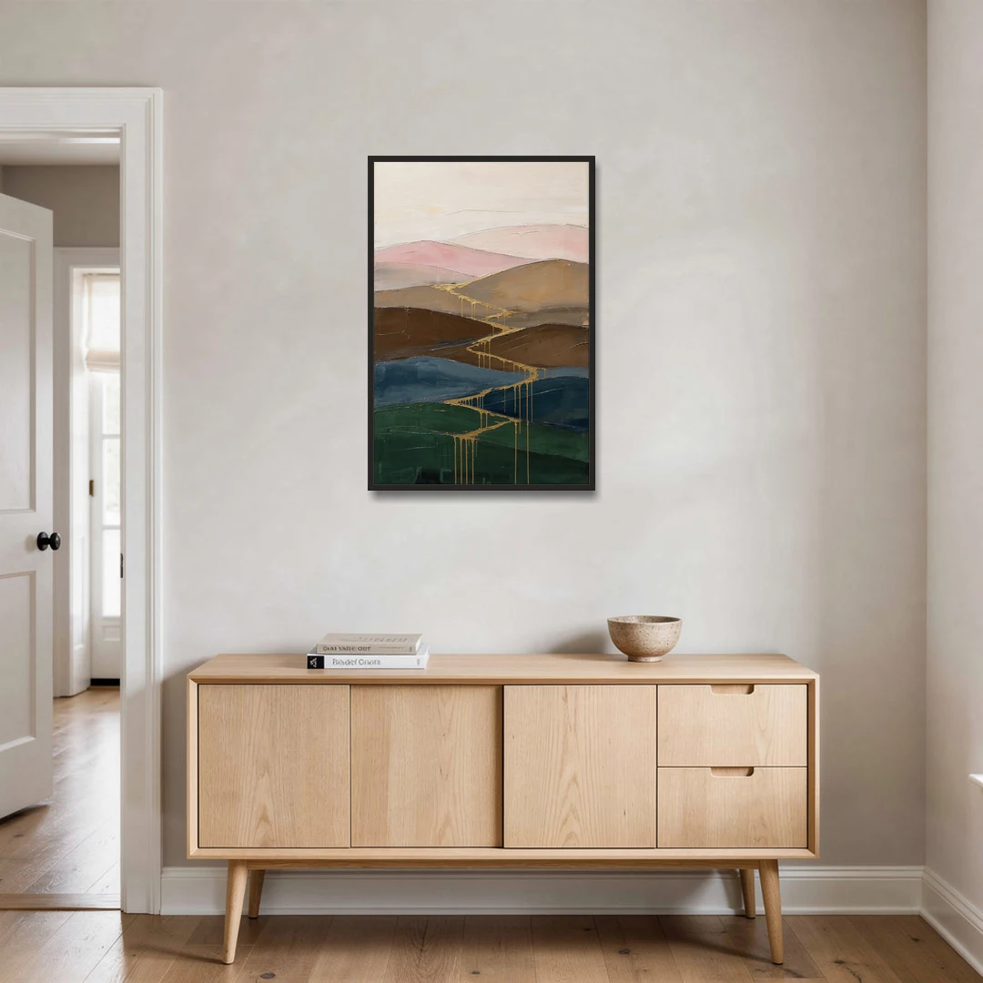 Gold Drip Stream Through Layered Hills - Black Framed Canvas Wall Art - Coffee Table - 24x36
