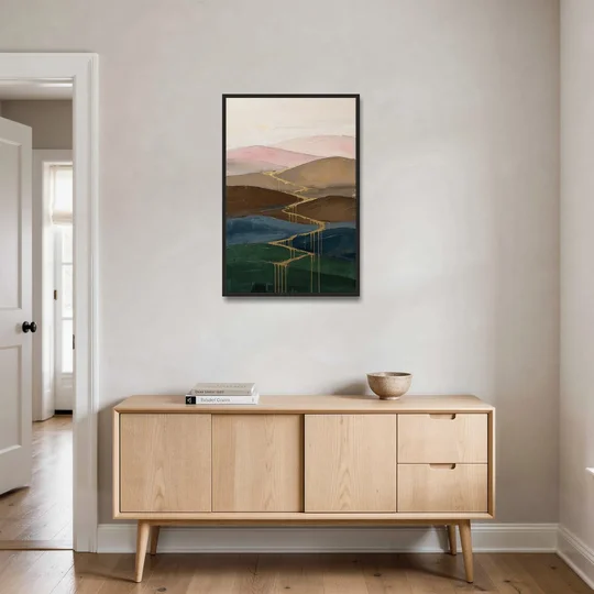 Gold Drip Stream Through Layered Hills - Black Framed Canvas Wall Art - Coffee Table - 24x36