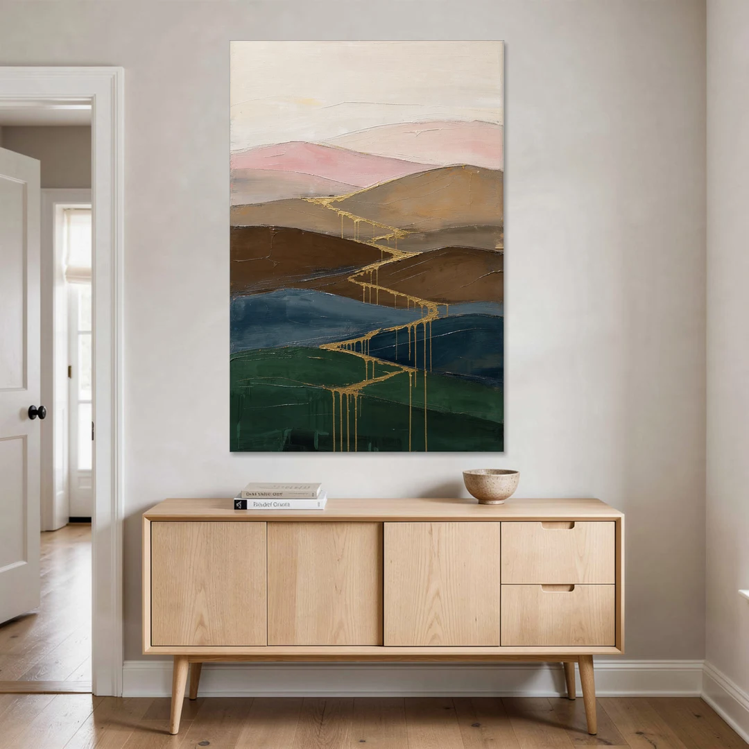 Gold Drip Stream Through Layered Hills - Canvas Wall Art - Coffee Table - 40x60