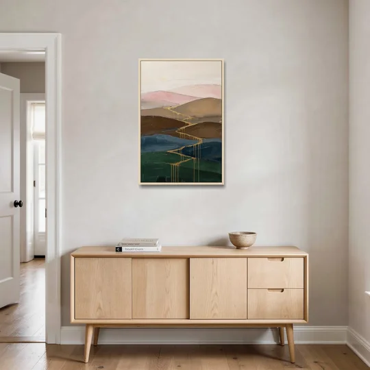 Gold Drip Stream Through Layered Hills - Oak Framed Canvas Wall Art - Coffee Table - 24x36