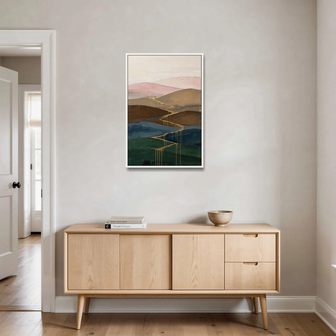 Gold Drip Stream Through Layered Hills - White Framed Canvas Wall Art - Coffee Table - 24x36