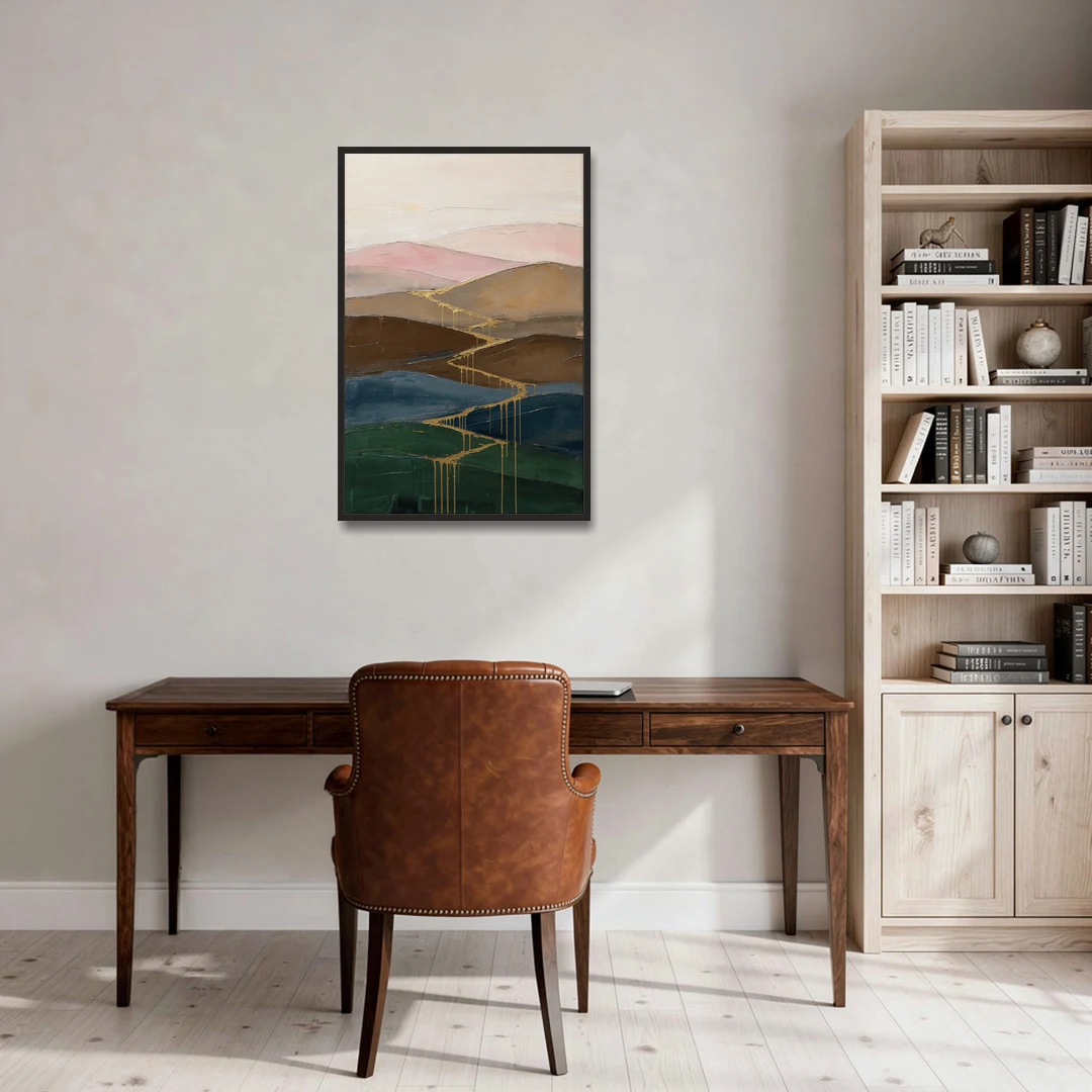 Gold Drip Stream Through Layered Hills - Black Framed Canvas Wall Art - Office - 24x36