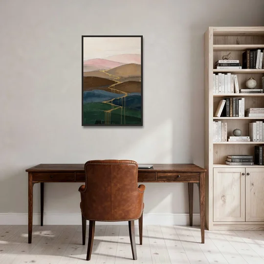 Gold Drip Stream Through Layered Hills - Black Framed Canvas Wall Art - Office - 24x36