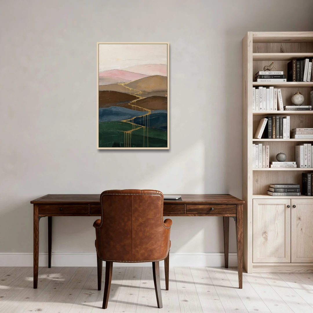 Gold Drip Stream Through Layered Hills - Oak Framed Canvas Wall Art - Office - 24x36