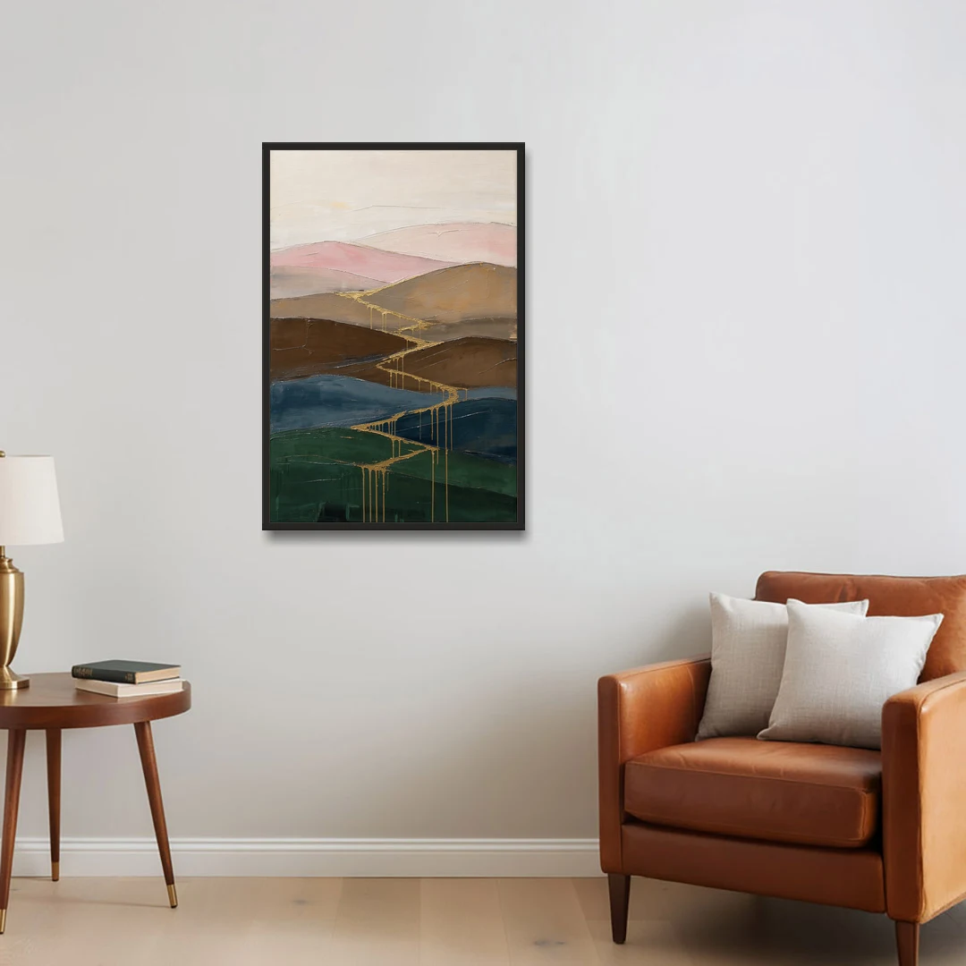 Gold Drip Stream Through Layered Hills - Black Framed Canvas Wall Art - Sofa - 24x36
