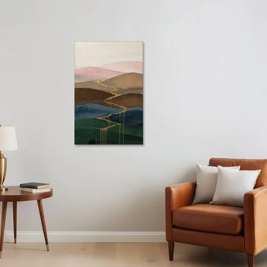 Gold Drip Stream Through Layered Hills - Canvas Wall Art - Sofa - 24x36