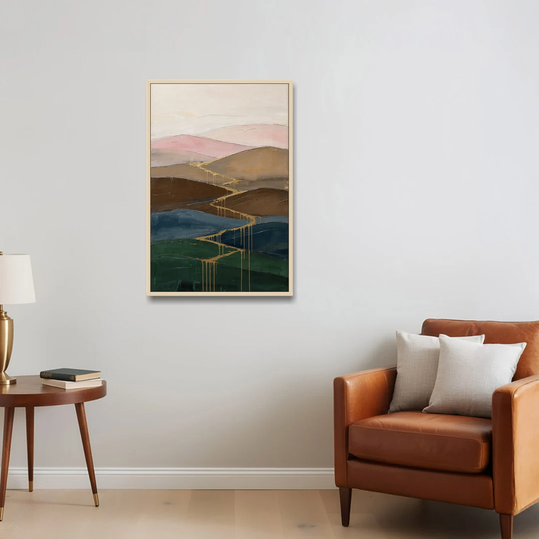 Gold Drip Stream Through Layered Hills - Oak Framed Canvas Wall Art - Sofa - 24x36