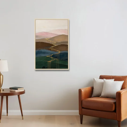 Gold Drip Stream Through Layered Hills - Oak Framed Canvas Wall Art - Sofa - 24x36