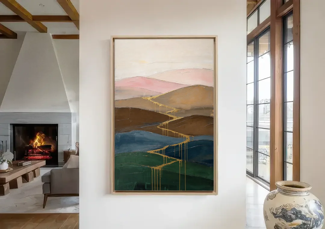 Gold Drip Stream Through Layered Hills canvas wall art in a living room with a fireplace
