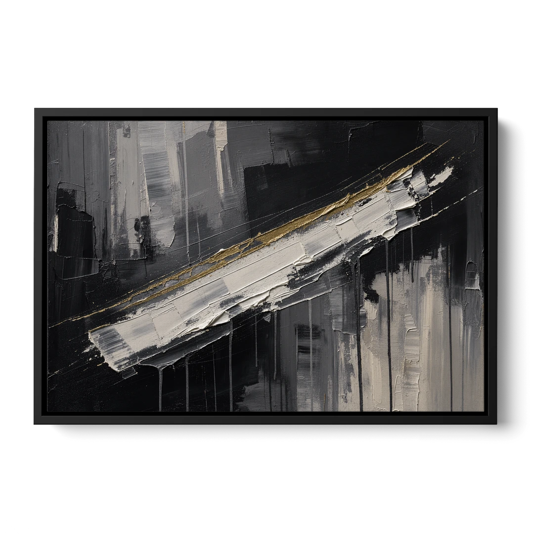 Gold-Edged White Sweep in Black and White - Black Framed Canvas Wall Art - Front