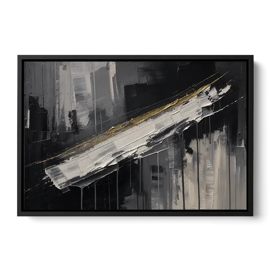 Gold-Edged White Sweep in Black and White - Black Framed Canvas Wall Art - Front