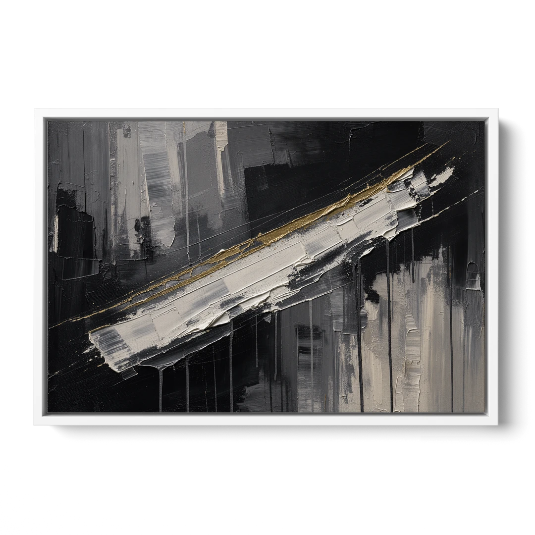 Gold-Edged White Sweep in Black and White - White Framed Canvas Wall Art - Front