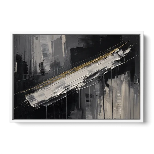 Gold-Edged White Sweep in Black and White - White Framed Canvas Wall Art - Front