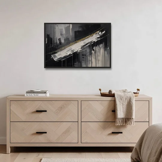 Gold-Edged White Sweep in Black and White - Black Framed Canvas Wall Art - Coffee Table - 36x24