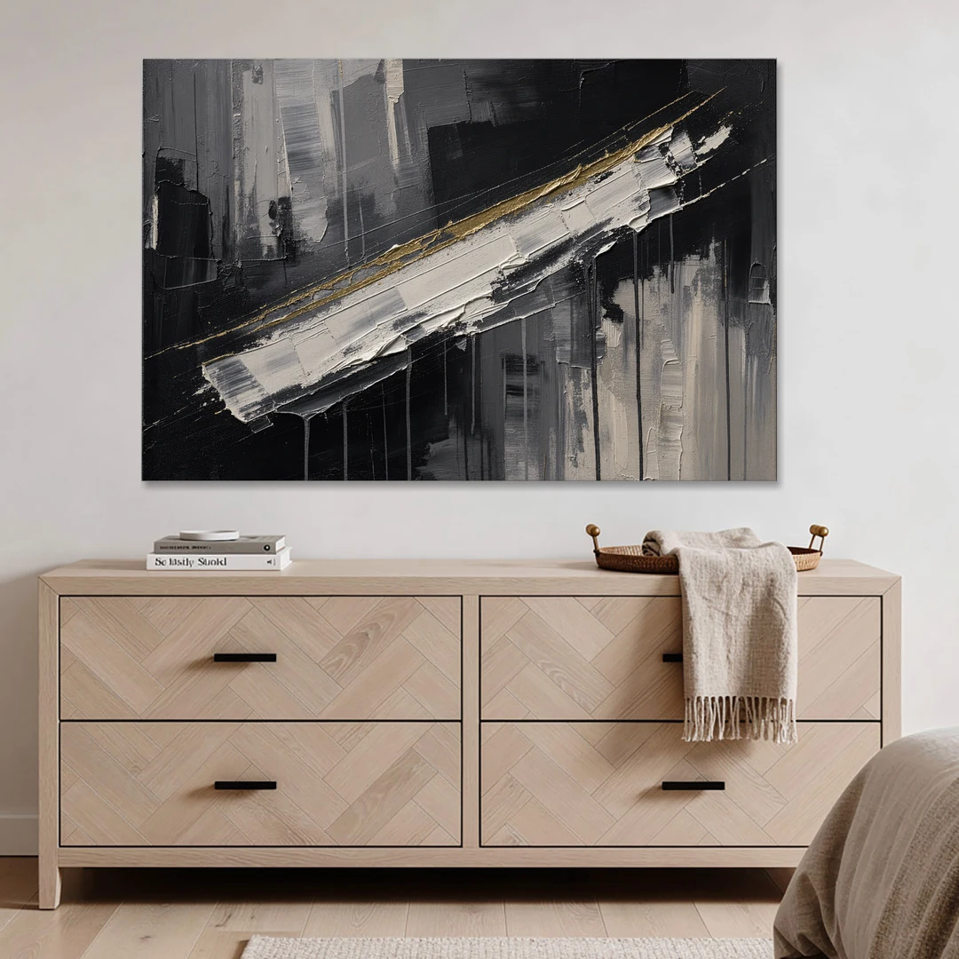 Gold-Edged White Sweep in Black and White - Canvas Wall Art - Coffee Table - 60x40