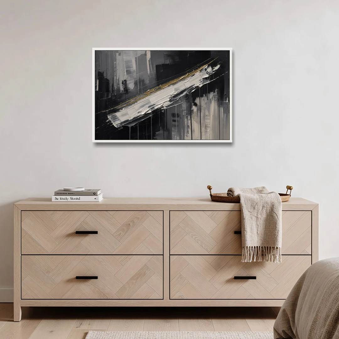 Gold-Edged White Sweep in Black and White - White Framed Canvas Wall Art - Coffee Table - 36x24