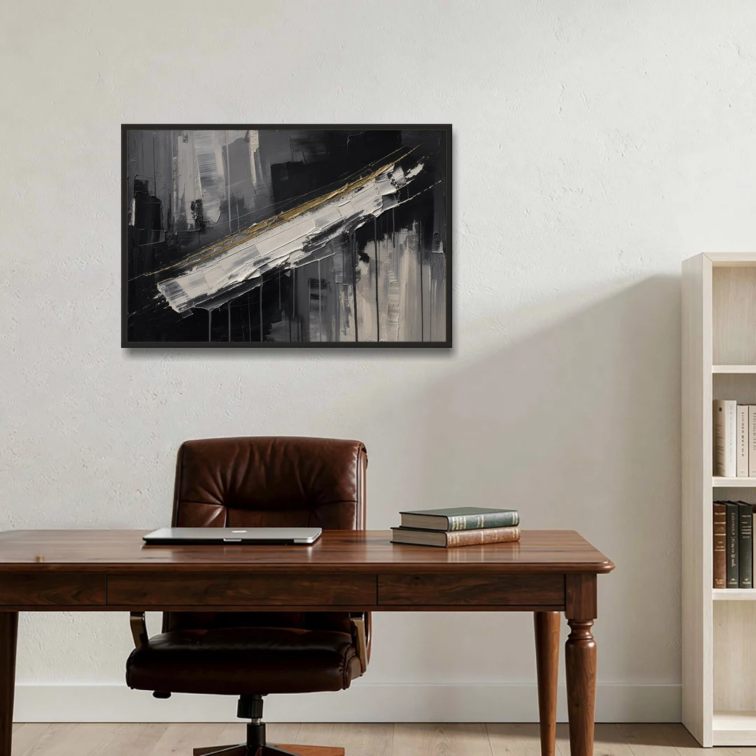 Gold-Edged White Sweep in Black and White - Black Framed Canvas Wall Art - Office - 36x24