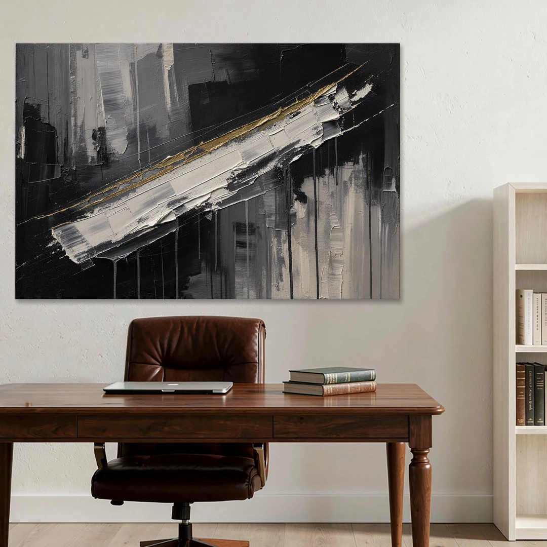Gold-Edged White Sweep in Black and White - Canvas Wall Art - Office - 60x40