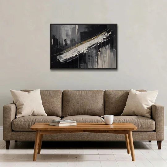 Gold-Edged White Sweep in Black and White - Black Framed Canvas Wall Art - Sofa - 36x24