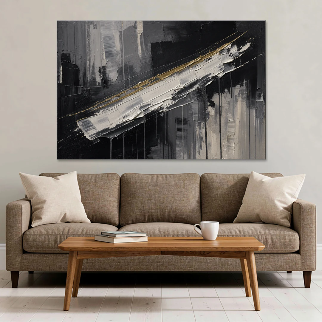 Gold-Edged White Sweep in Black and White - Canvas Wall Art - Sofa - 60x40