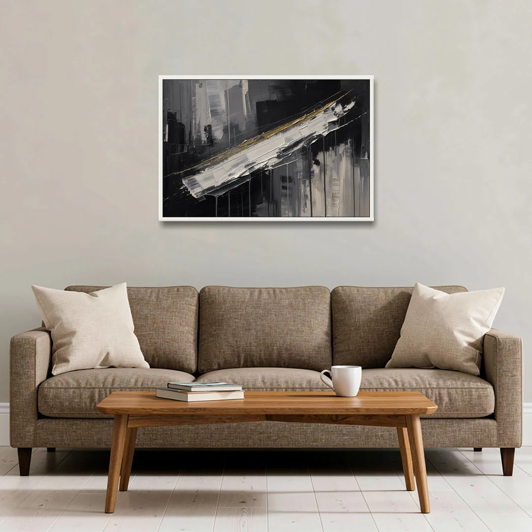 Gold-Edged White Sweep in Black and White - White Framed Canvas Wall Art - Sofa - 36x24