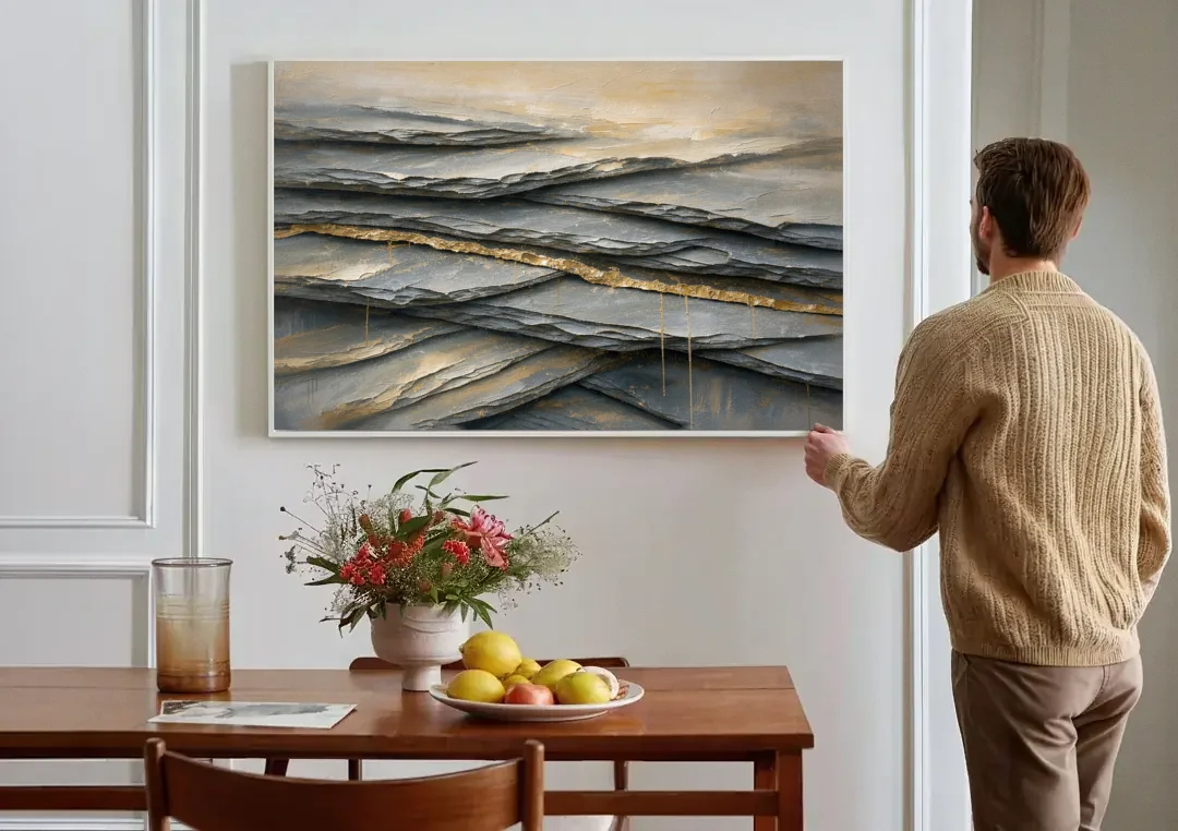 Gold Leaf Abstract Painting of Slate Seams canvas wall art above a dining table