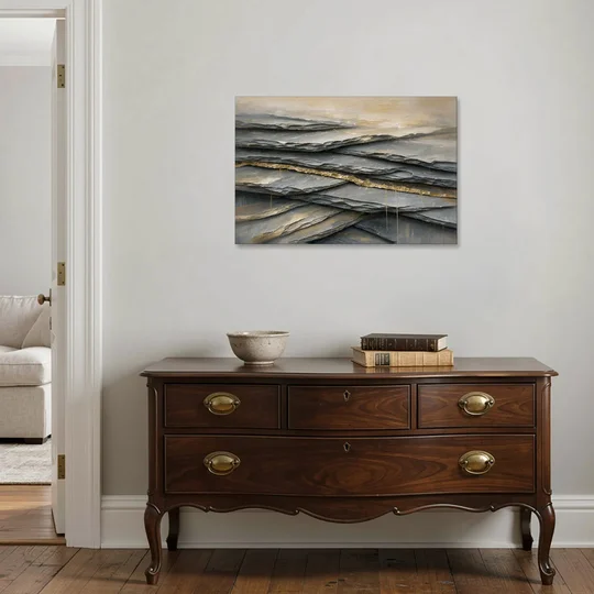 Gold Leaf Abstract Painting of Slate Seams - Canvas Wall Art - Coffee Table - 36x24