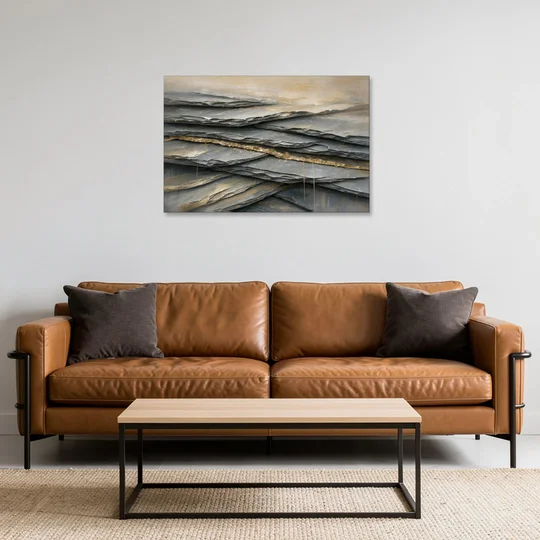 Gold Leaf Abstract Painting of Slate Seams - Canvas Wall Art - Sofa - 36x24