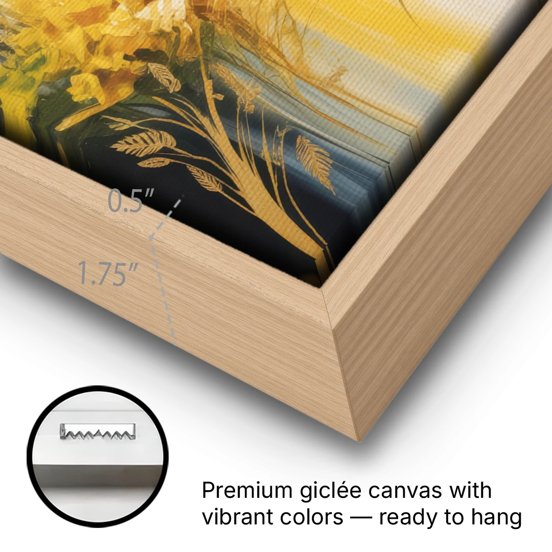 Golden Forest Canopy Yellow Abstract - Oak Framed Canvas Wall Art - Gallery Wrap Corner