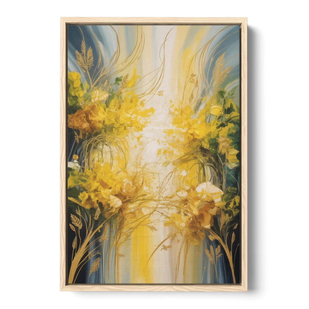 Golden Forest Canopy Yellow Abstract - Oak Framed Canvas Wall Art - Front