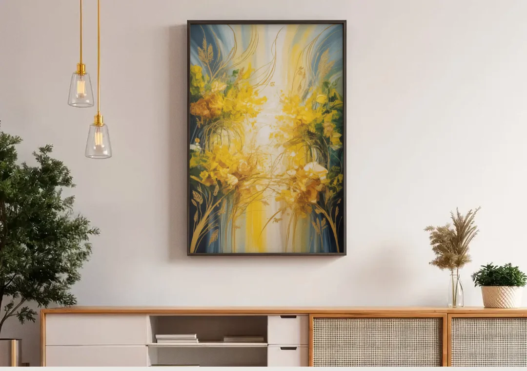 Golden Forest Canopy Yellow Abstract canvas wall art above a wooden sideboard under pendant lights