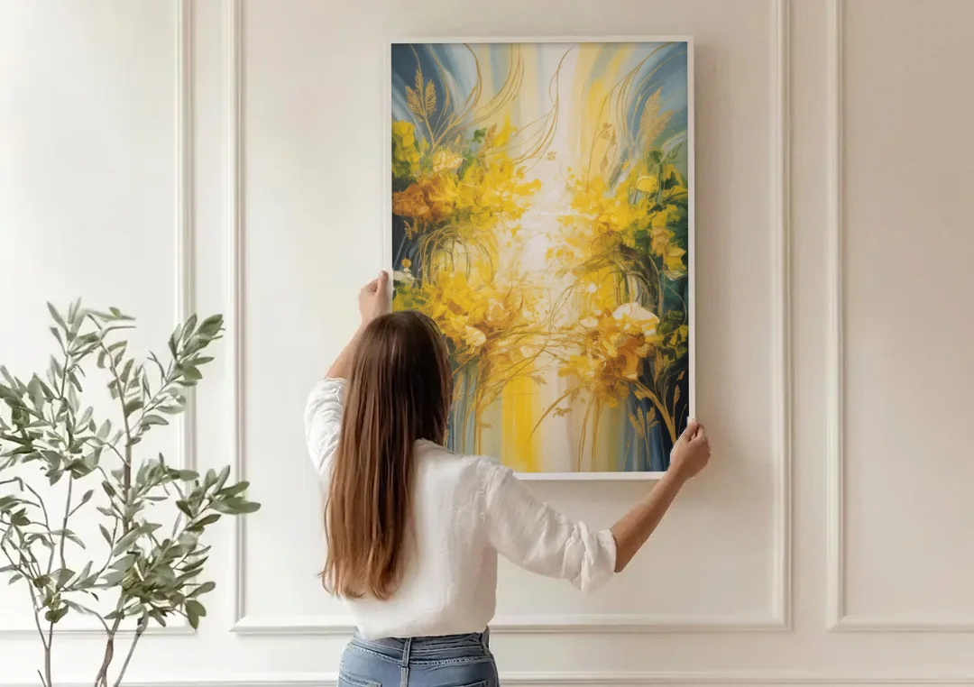 Golden Forest Canopy Yellow Abstract canvas wall art being hung on a paneled wall
